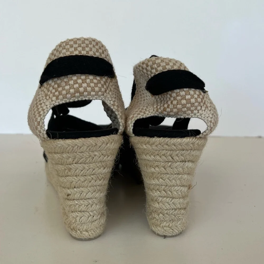 Soludos Marseille Ankle Tie 3.5” Jute Wedge Black Linen, size 10